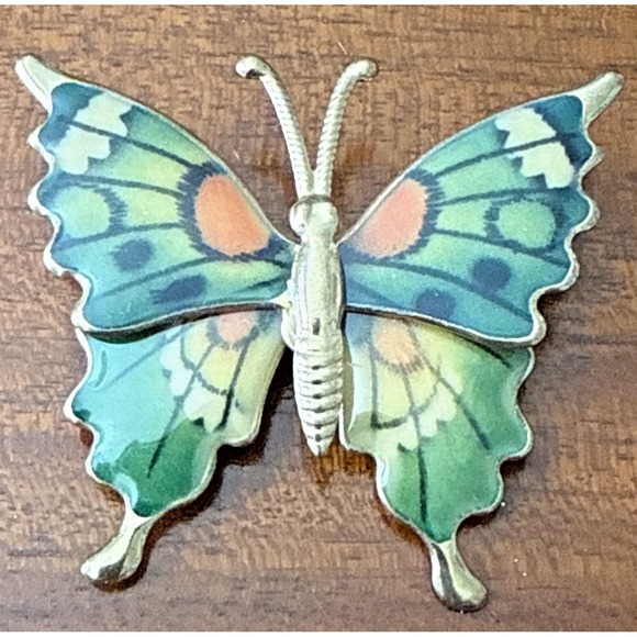 The Unbranded Brand Jewelry - Vintage Enamel Butterfly Brooch Pin • Green & Orange Gold Tone • 2" MCM Fairy